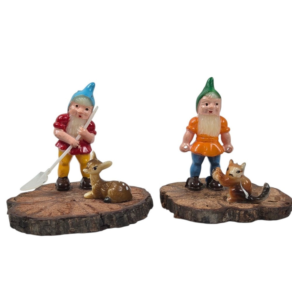 2 Vtg 1950s 3" Plastic Garden Gnomes and Forest Animals on Wood Tree Slices